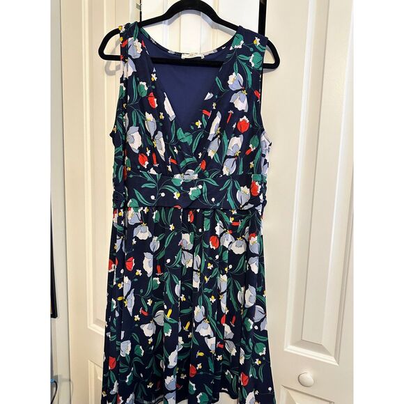 Jessy B Floral Print Dress Sleeveless V Neck Fit & Flare Navy Blue 2X Plus Size - Picture 2 of 7
